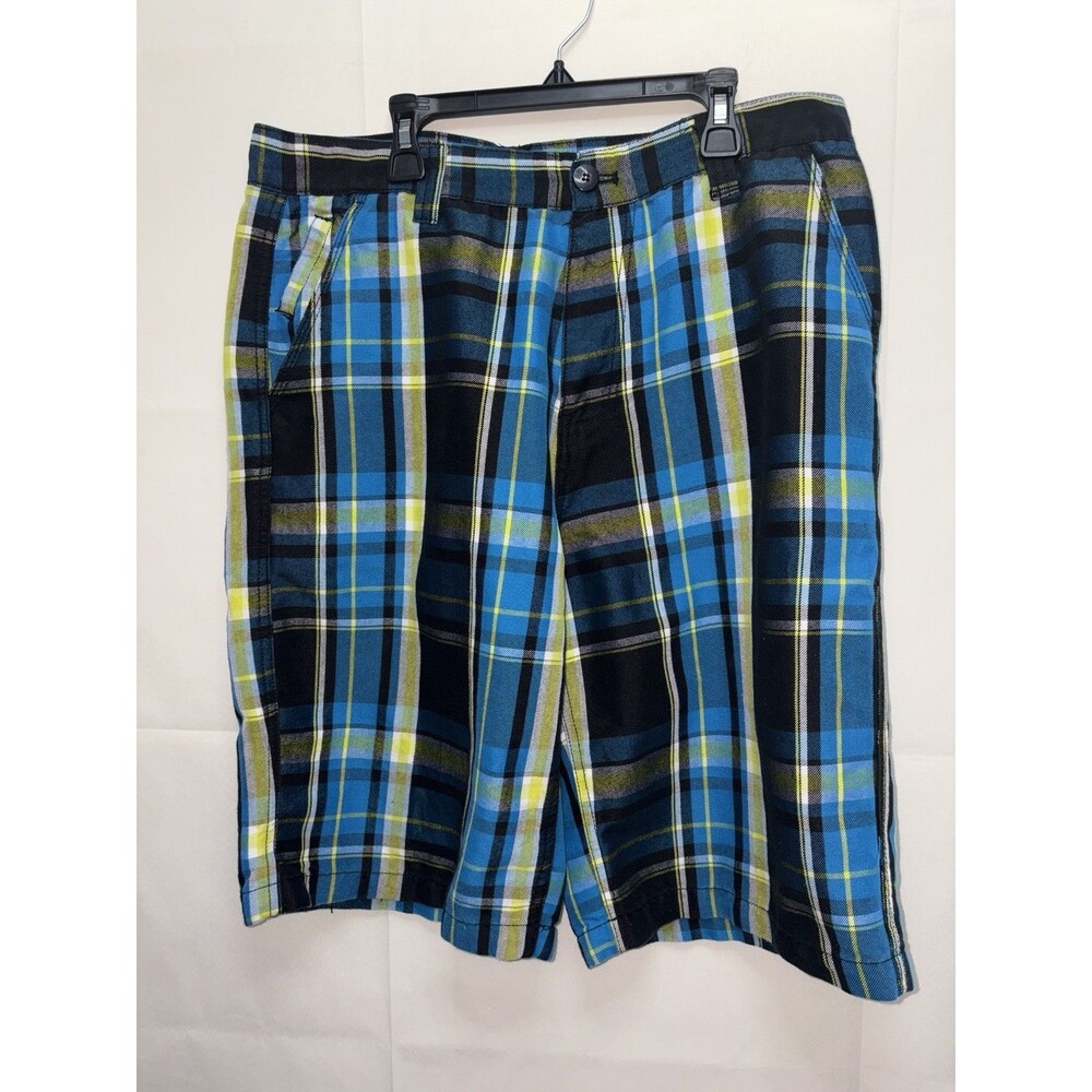 Southpole Men's Plaid baggy Shorts Size 36 Pleated Cotton Blue Yellow Green